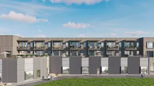 Illustrasjonsfoto av hvordan prosjektet vil bli seende ut. Næringsbygg foran med flere omsorgsboliger oppå/bak.